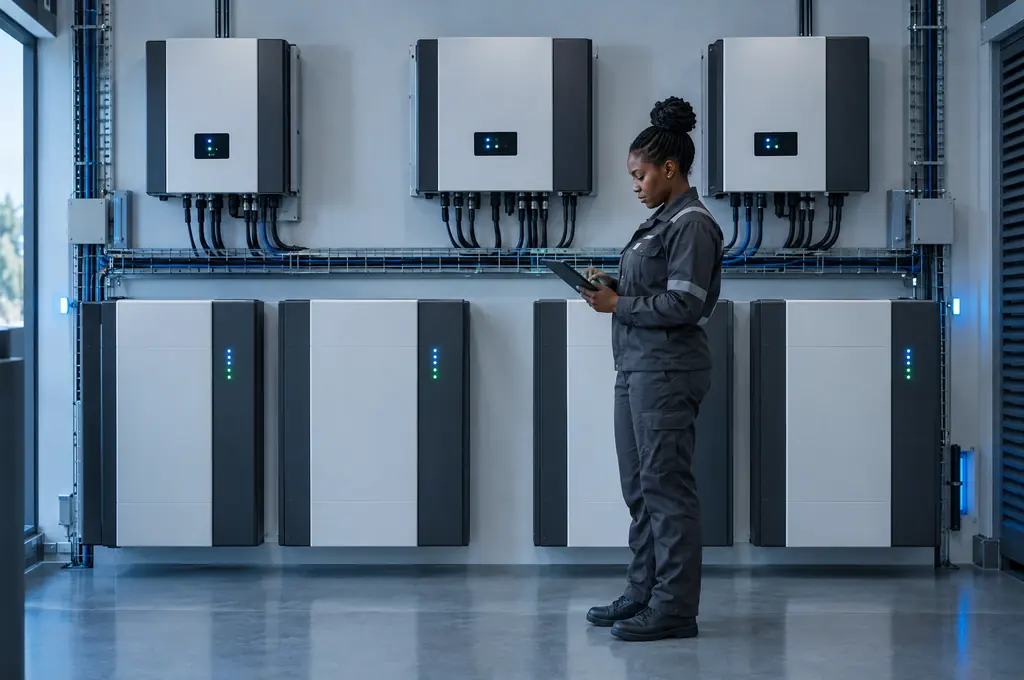 Une ingénieure contrôle des batteries de stockage et des onduleurs