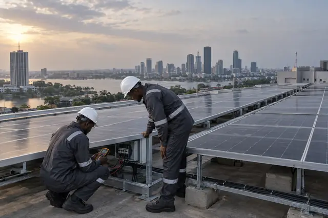 Techniciens contrôlant des panneaux solaires sur un toit