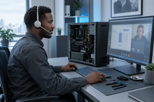 Technicien informatique en assistance avec un ordinateur ouvert
