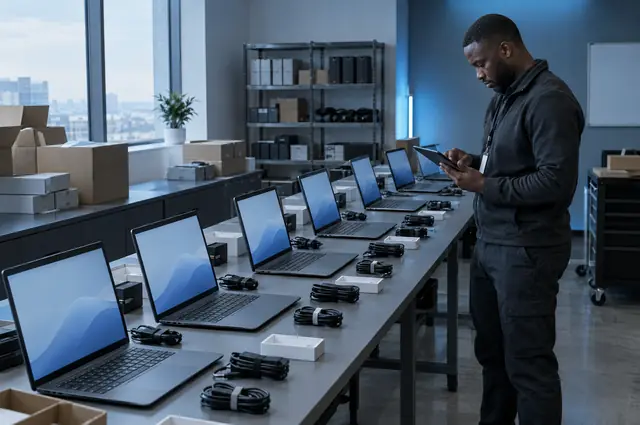 Rangée d'ordinateurs portables en cours de configuration
