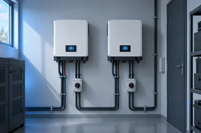 Onduleurs hybrides fixés au mur d'un local technique