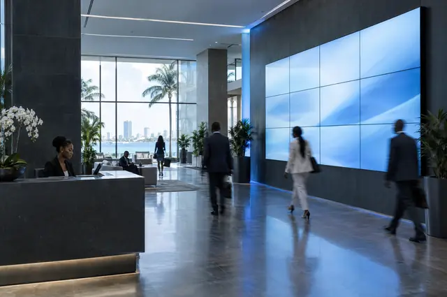 Mur d'écrans d'affichage dans le hall d'une entreprise