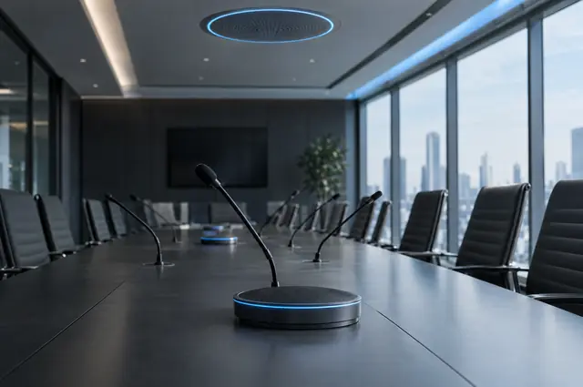 Micros de conférence posés sur une table de réunion